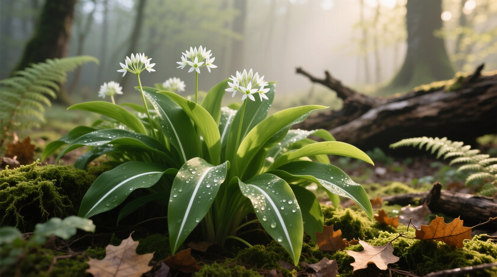 Wild garlic growing in woodland with distinctive leaves