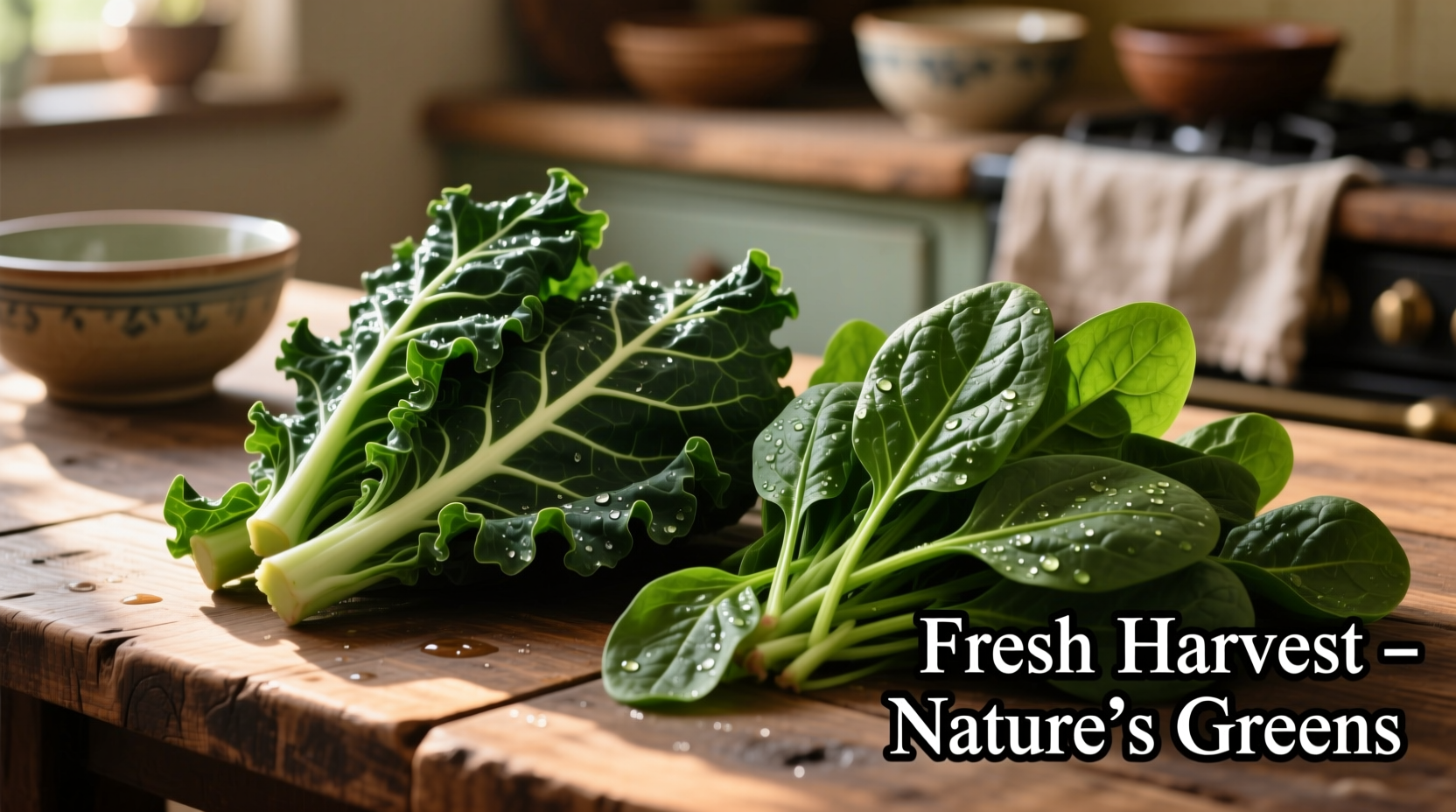 Fresh collard greens and spinach side by side