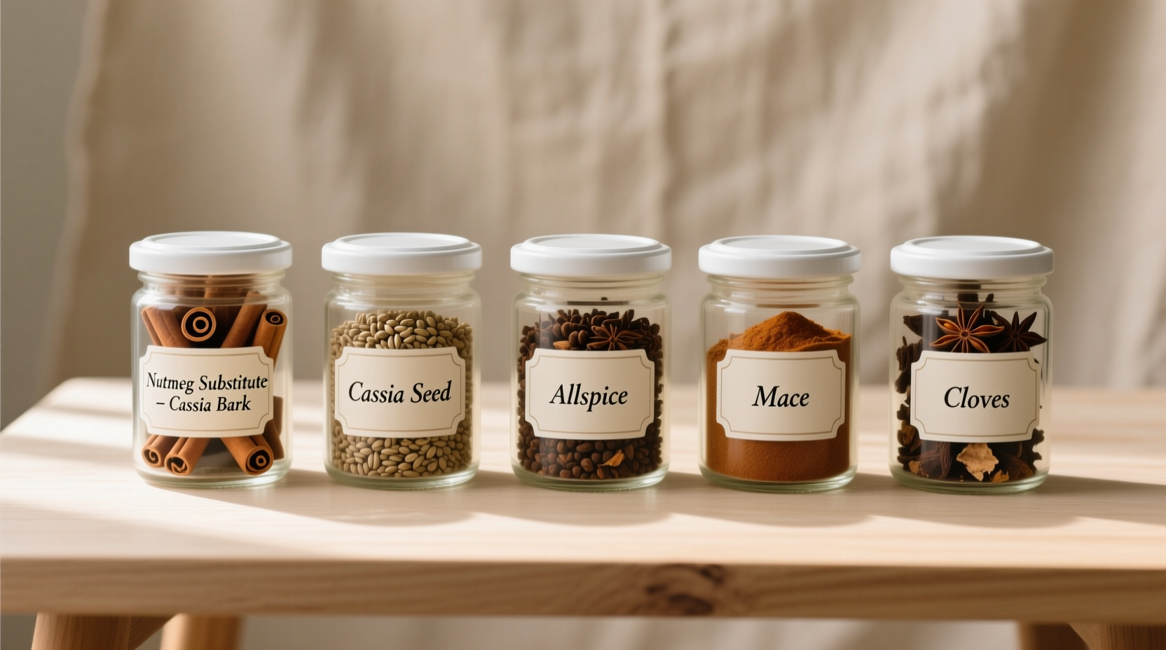 Fünf Gewürzgläser mit Muskatnuss-Ersatzstoffen
