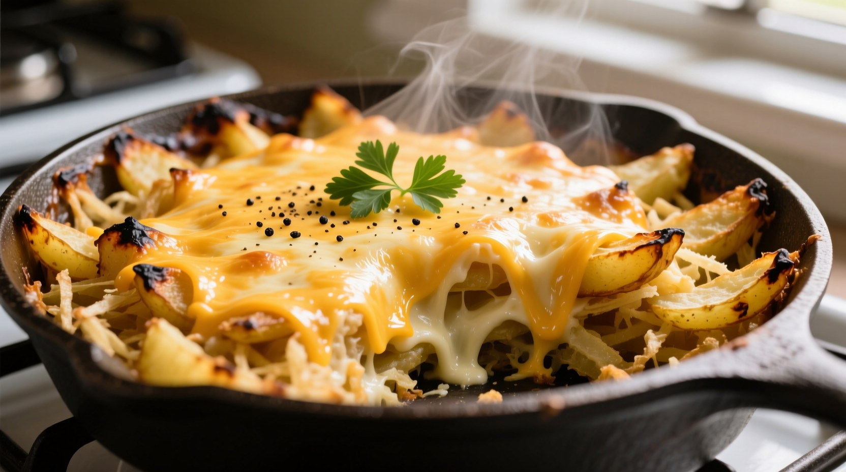 Golden hash brown potato casserole with melted cheese topping