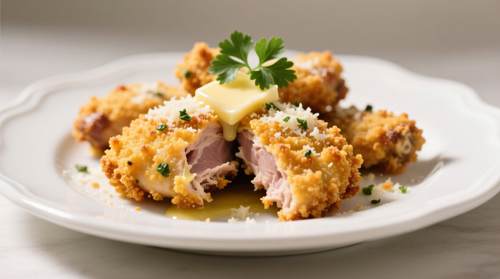 Crispy golden parmesan garlic chicken on white plate
