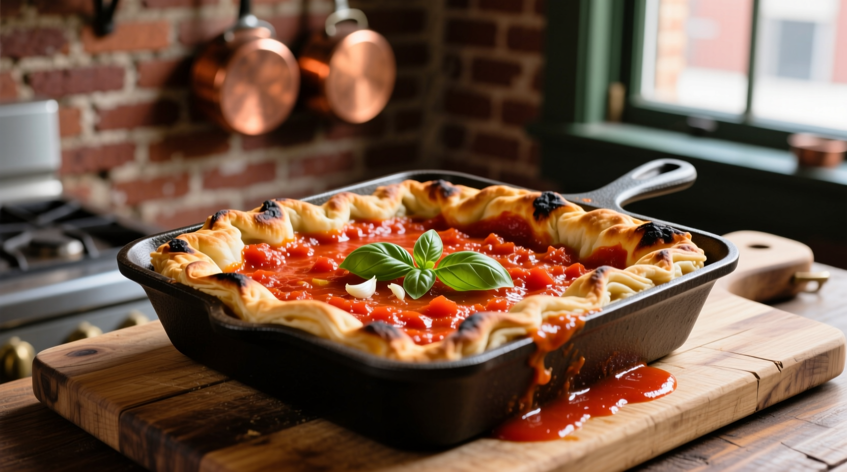 Traditional Philly tomato pie in square pan with red sauce