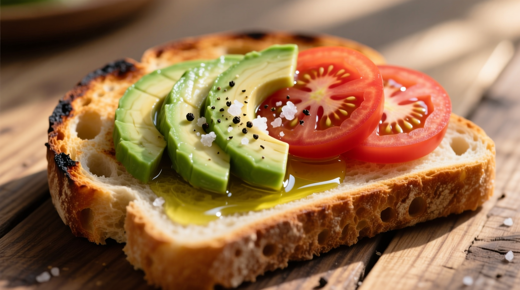 Fresh avocado and tomato slices on toasted bread