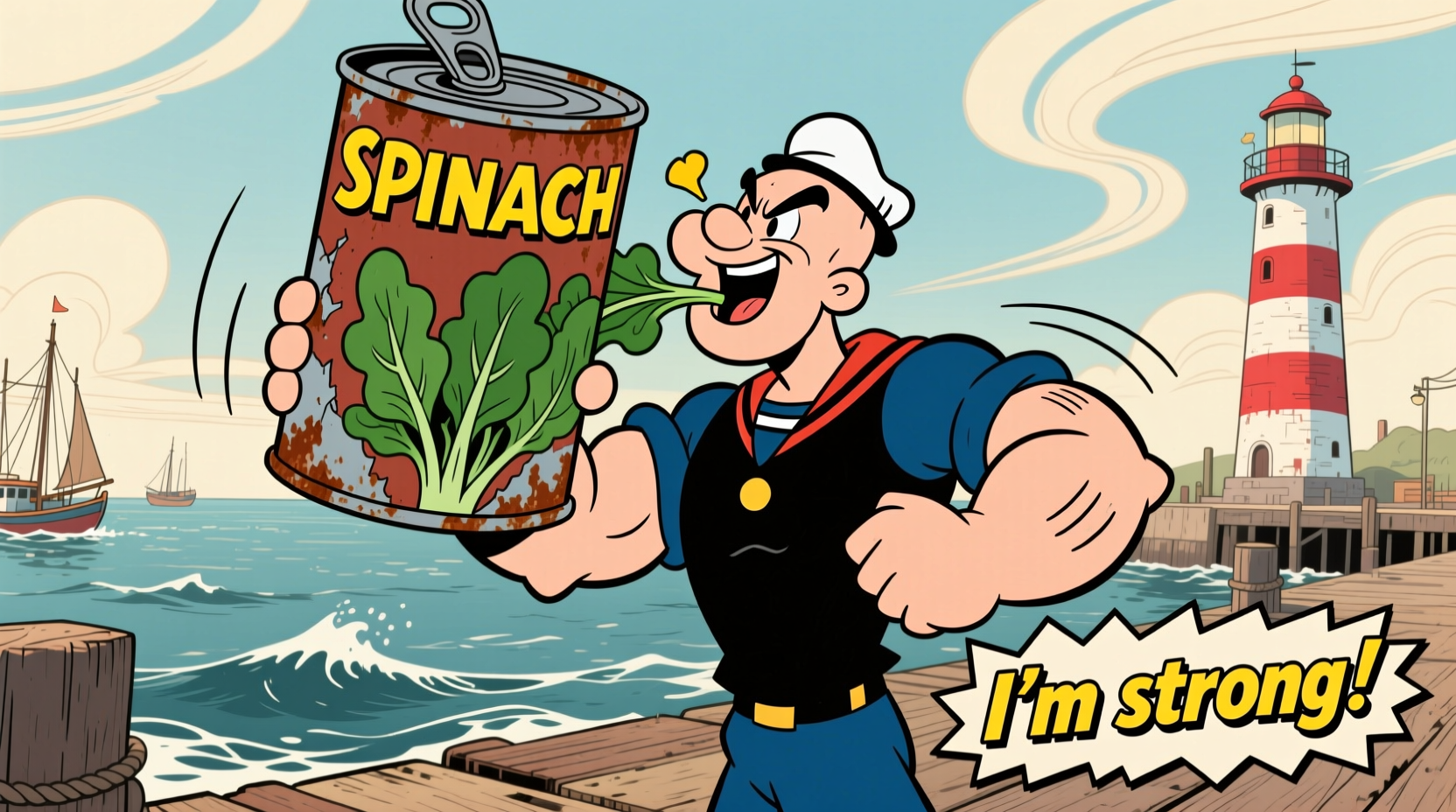 Vintage Popeye cartoon eating spinach can