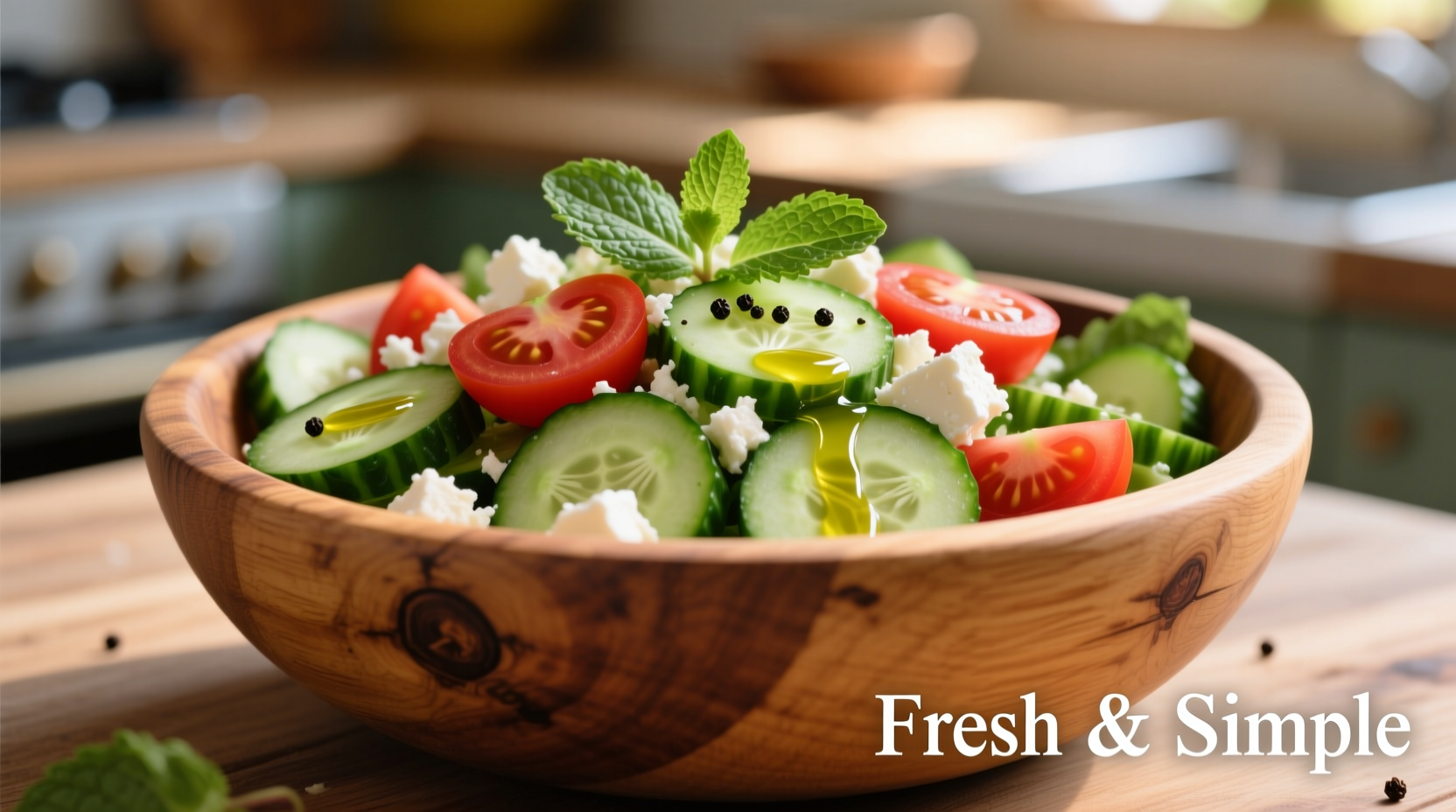 Fresh cucumber tomato feta salad in wooden bowl
