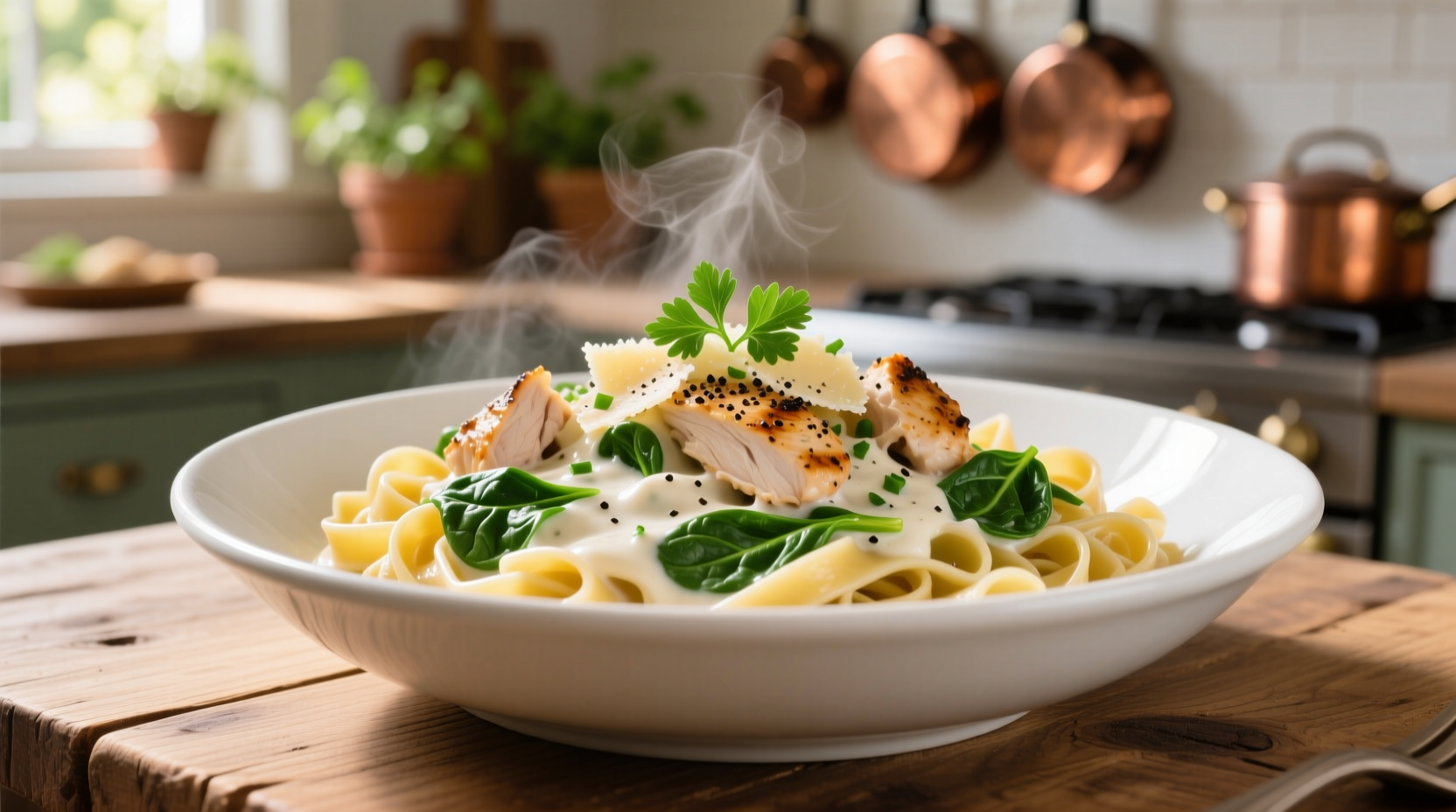 Creamy spinach chicken pasta in white bowl