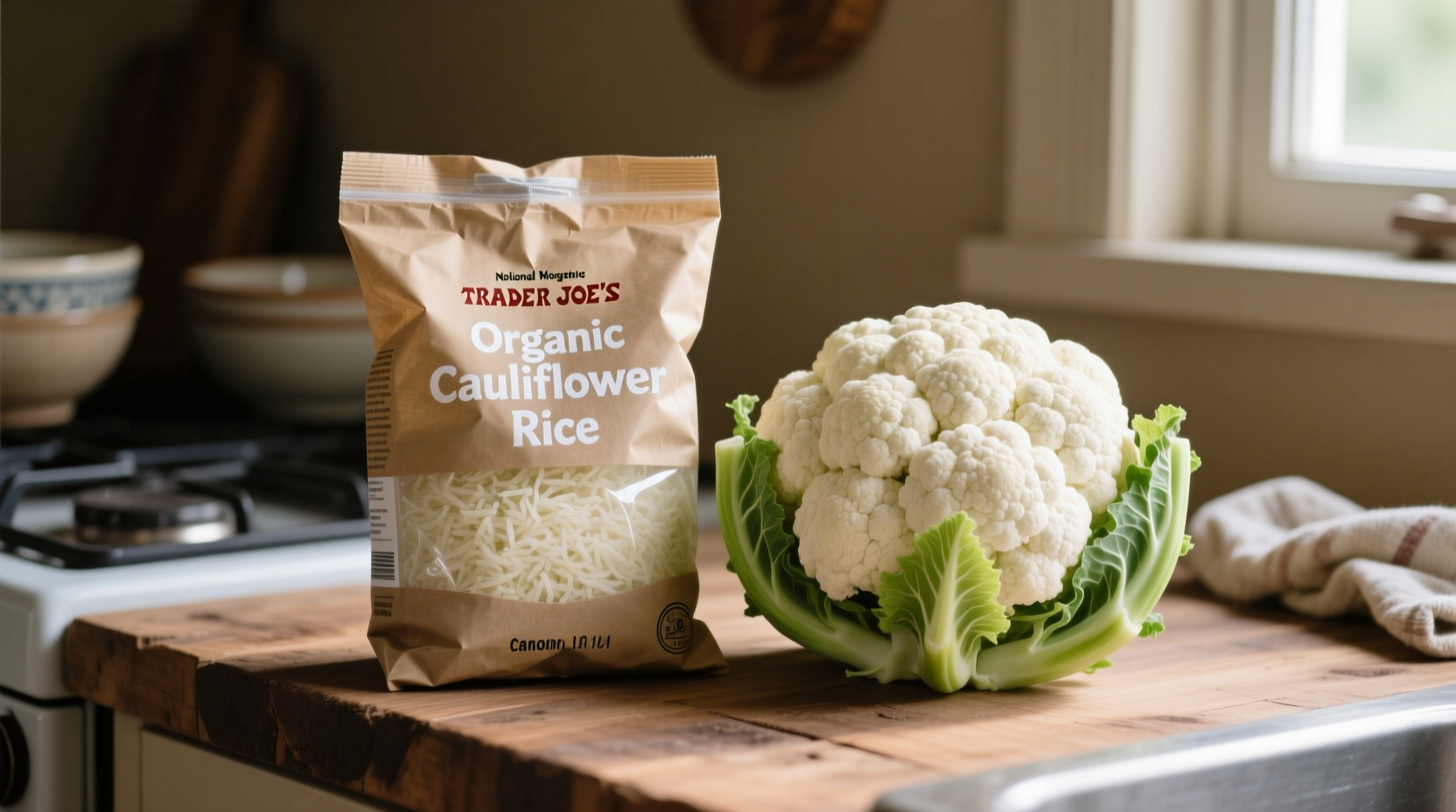 Trader Joe's cauliflower rice in package next to fresh cauliflower