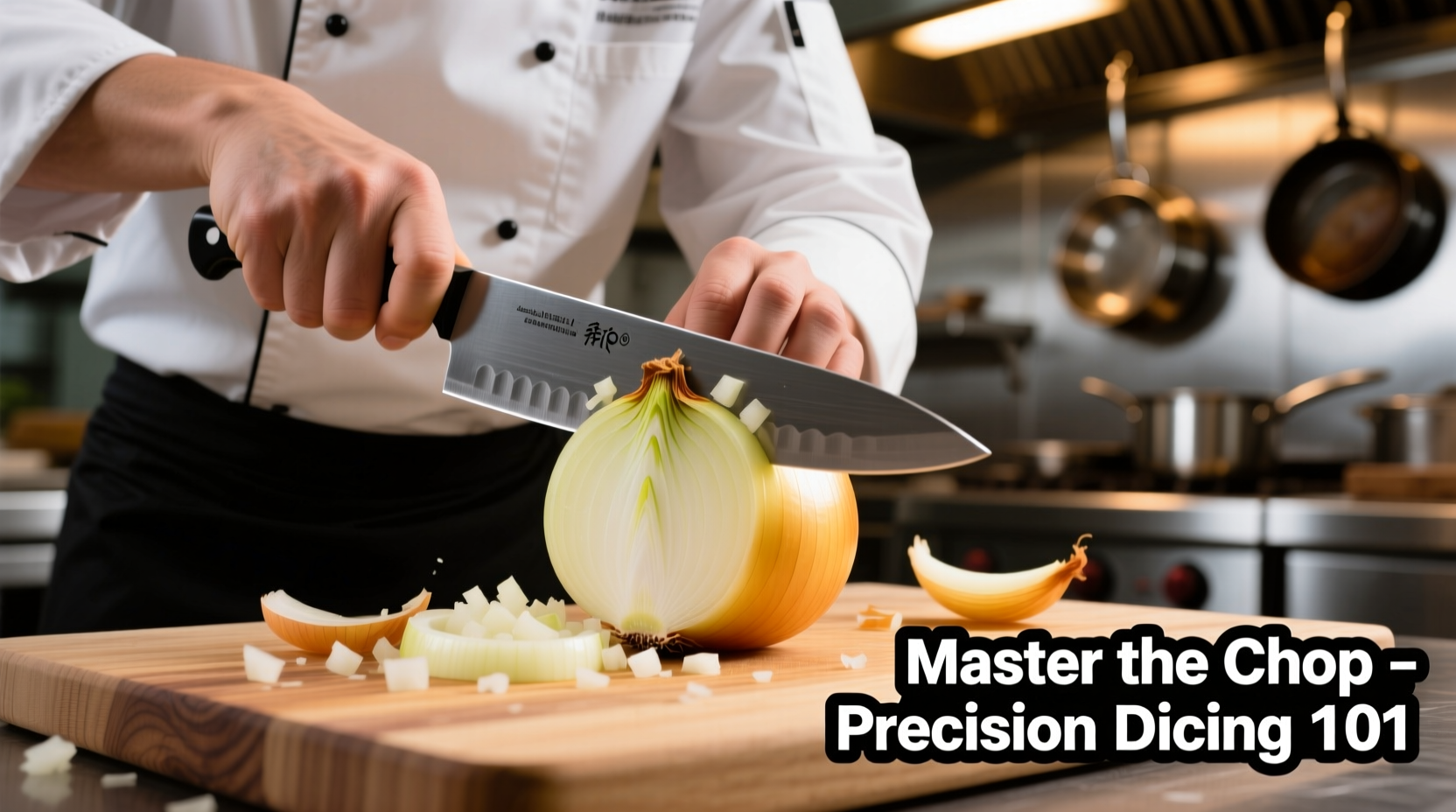 Chef demonstrating proper onion dicing technique with sharp knife