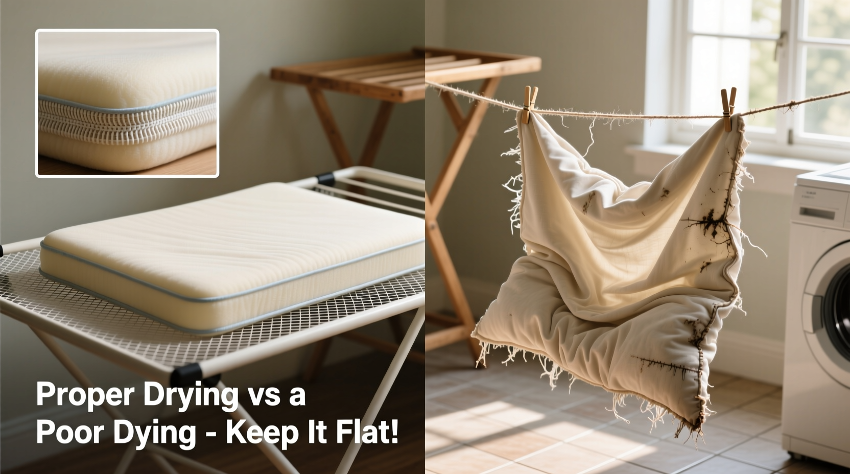 Side-by-side comparison showing a properly air-dried memory foam cushion cover laid flat on a mesh drying rack versus a warped, curled cover draped over a clothesline, with inset close-up of intact vs. frayed elastic hem