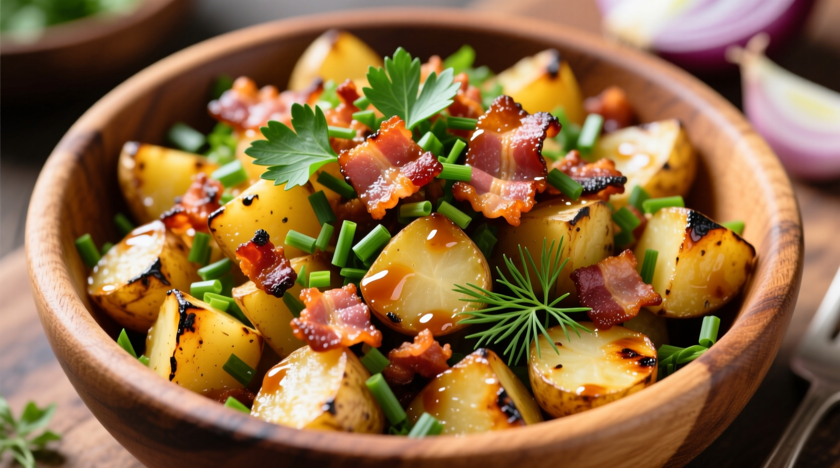Barbeque potato salad with bacon and fresh herbs