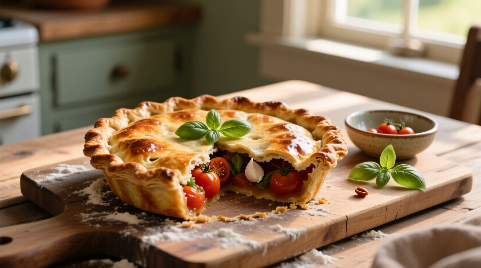 Freshly baked Southern tomato pie with golden crust