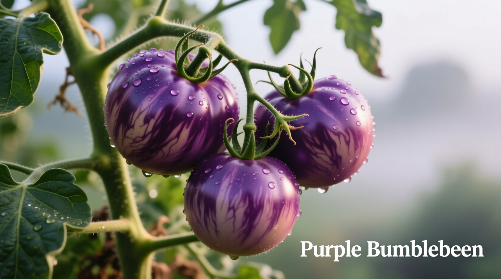 Ripe purple bumblebee tomatoes on vine with distinctive coloration