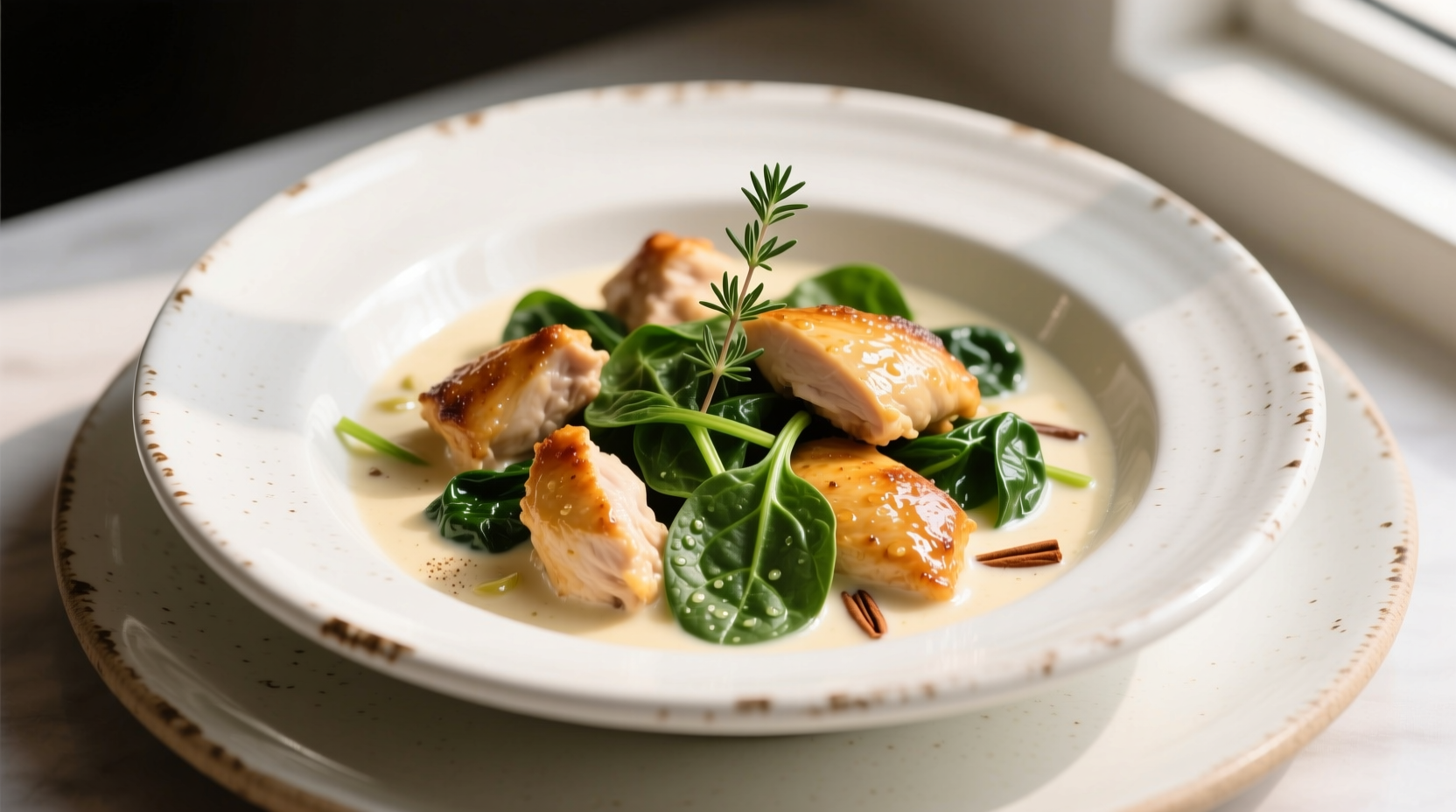 Creamy chicken with spinach in white ceramic dish