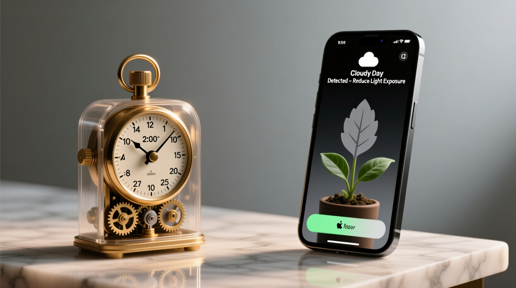 Side-by-side comparison showing a mechanical timer dial set to 14h/10h cycle next to a smartphone displaying a plant app interface with inaccurate 'cloudy day' dimming alert