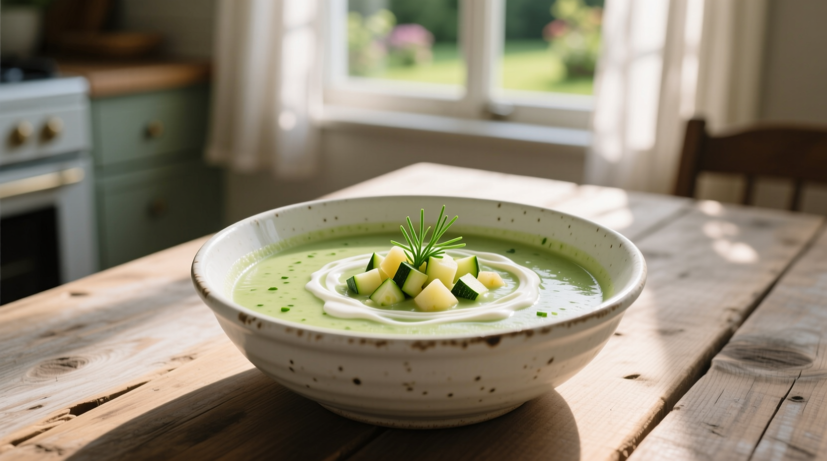 Creamy green zucchini potato soup in white bowl