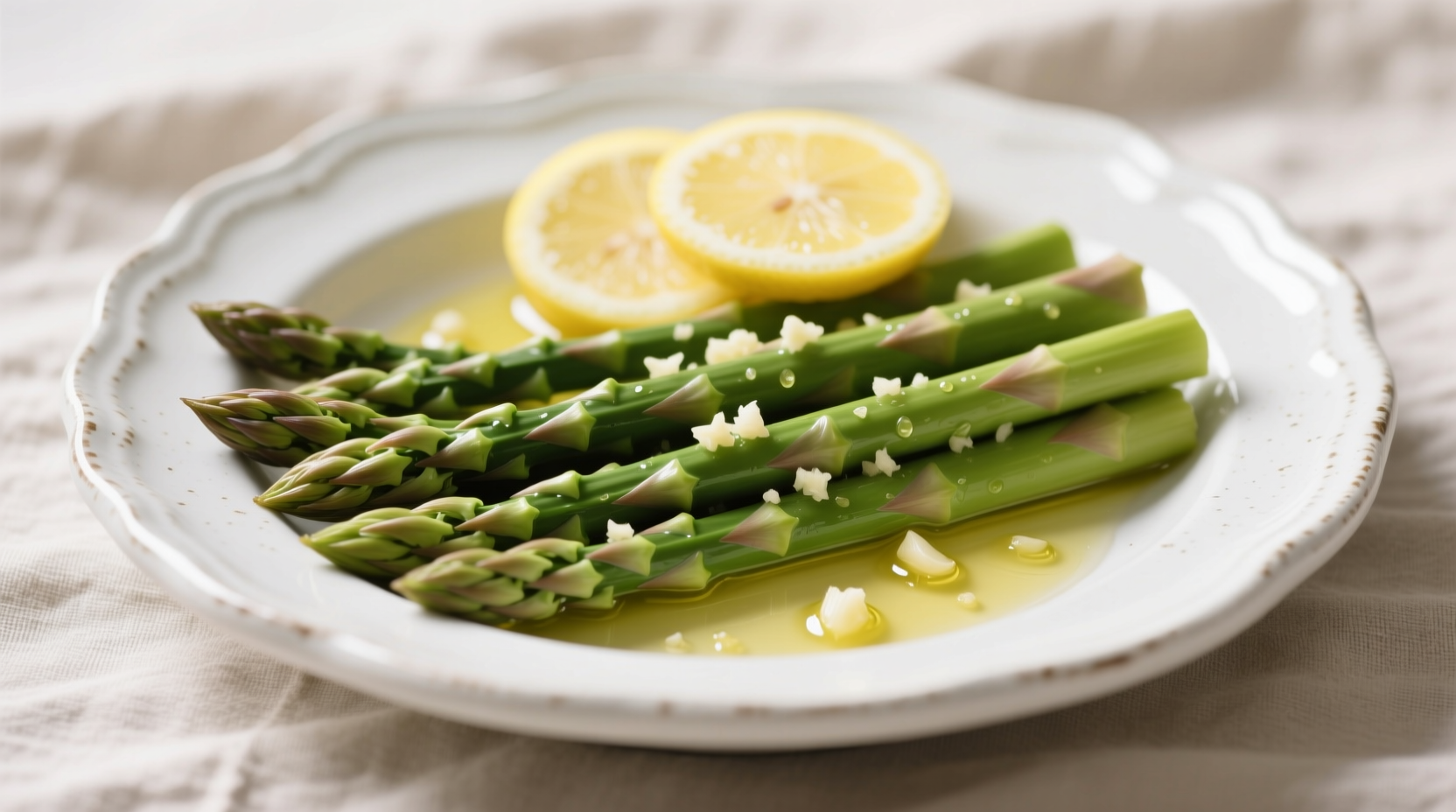 Fresh lemon garlic asparagus in white ceramic dish