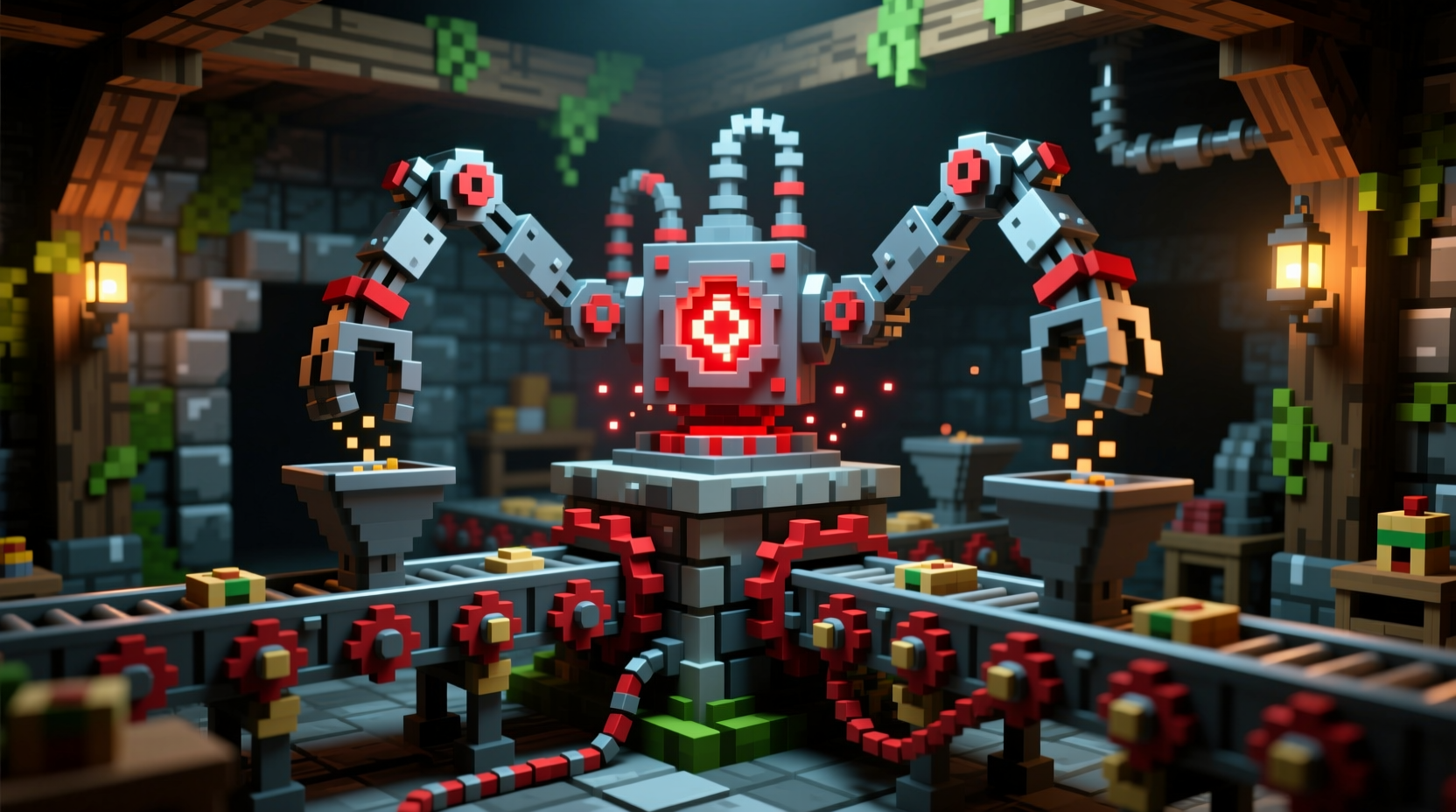 Mechanical Crafter connected to belt system with power source in Minecraft