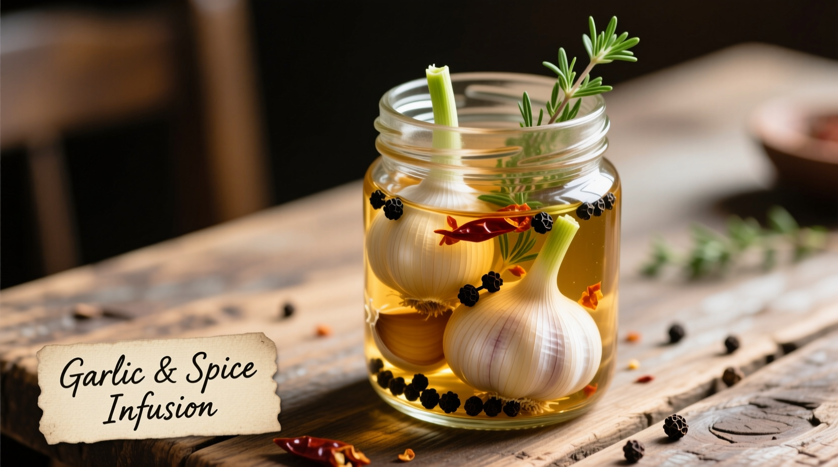 Fresh garlic cloves in mason jar with vinegar and spices