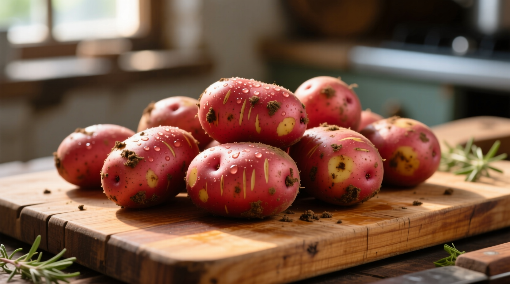 Fresh red potatoes with skin on a wooden cutting board