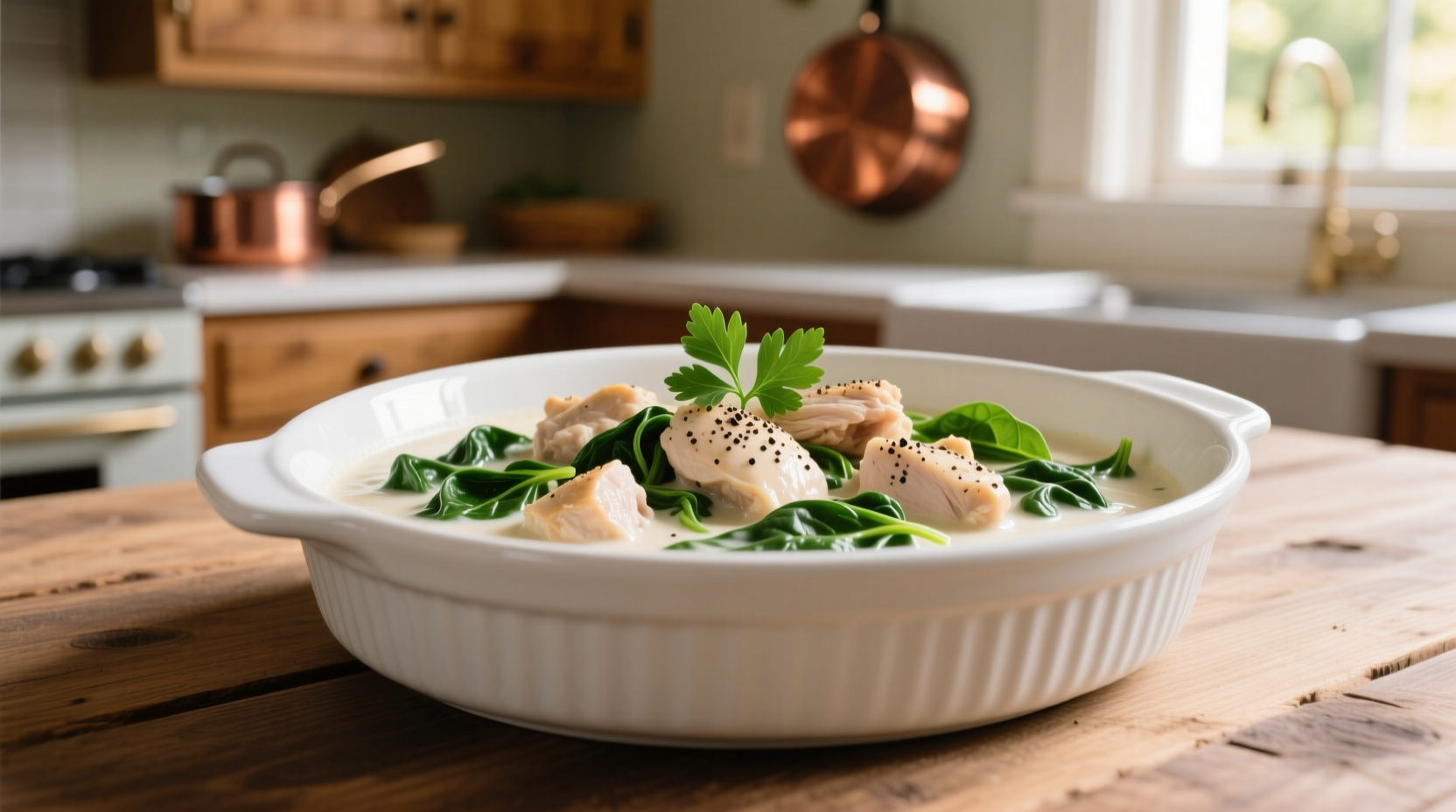 Creamy chicken and spinach in white ceramic dish