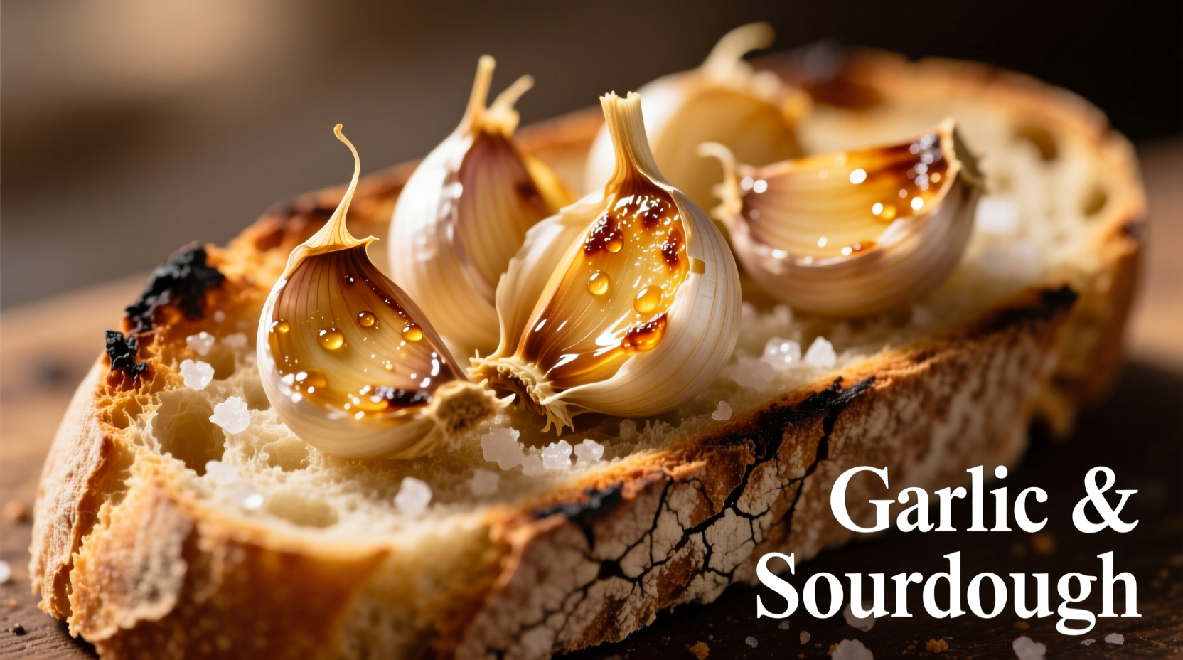 Golden baked garlic cloves spread on rustic bread