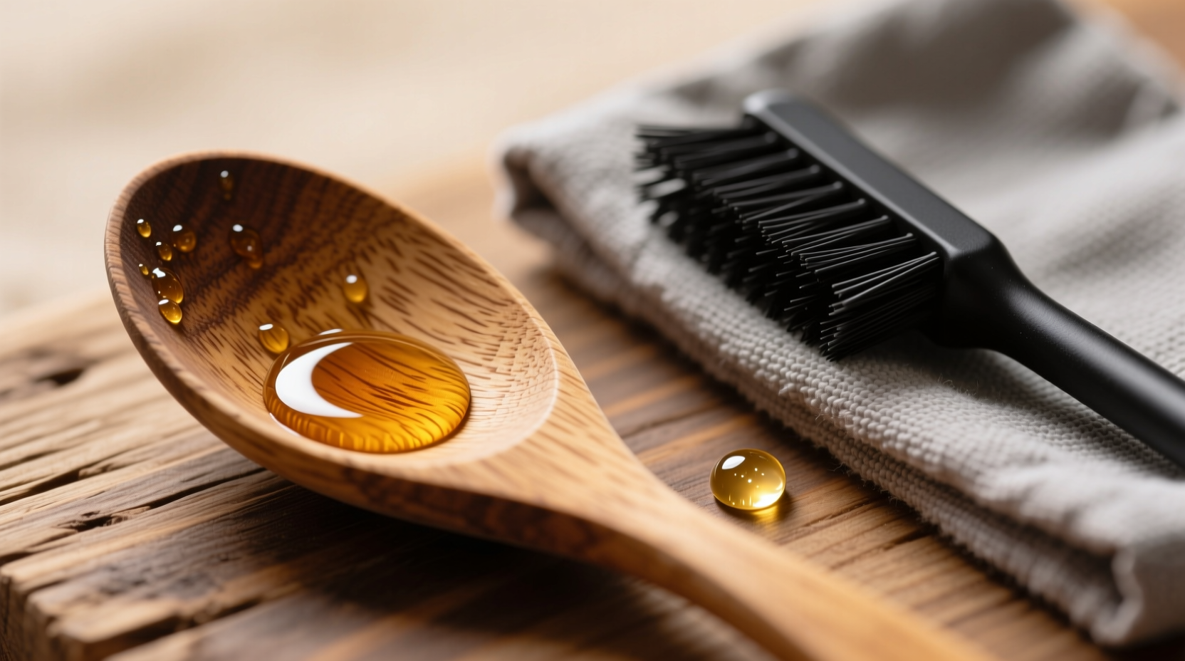 Close-up photo of a maple wooden spoon with visible honey residue in grain grooves, next to a nylon brush and folded microfiber cloth with a single drop of mineral oil on its surface