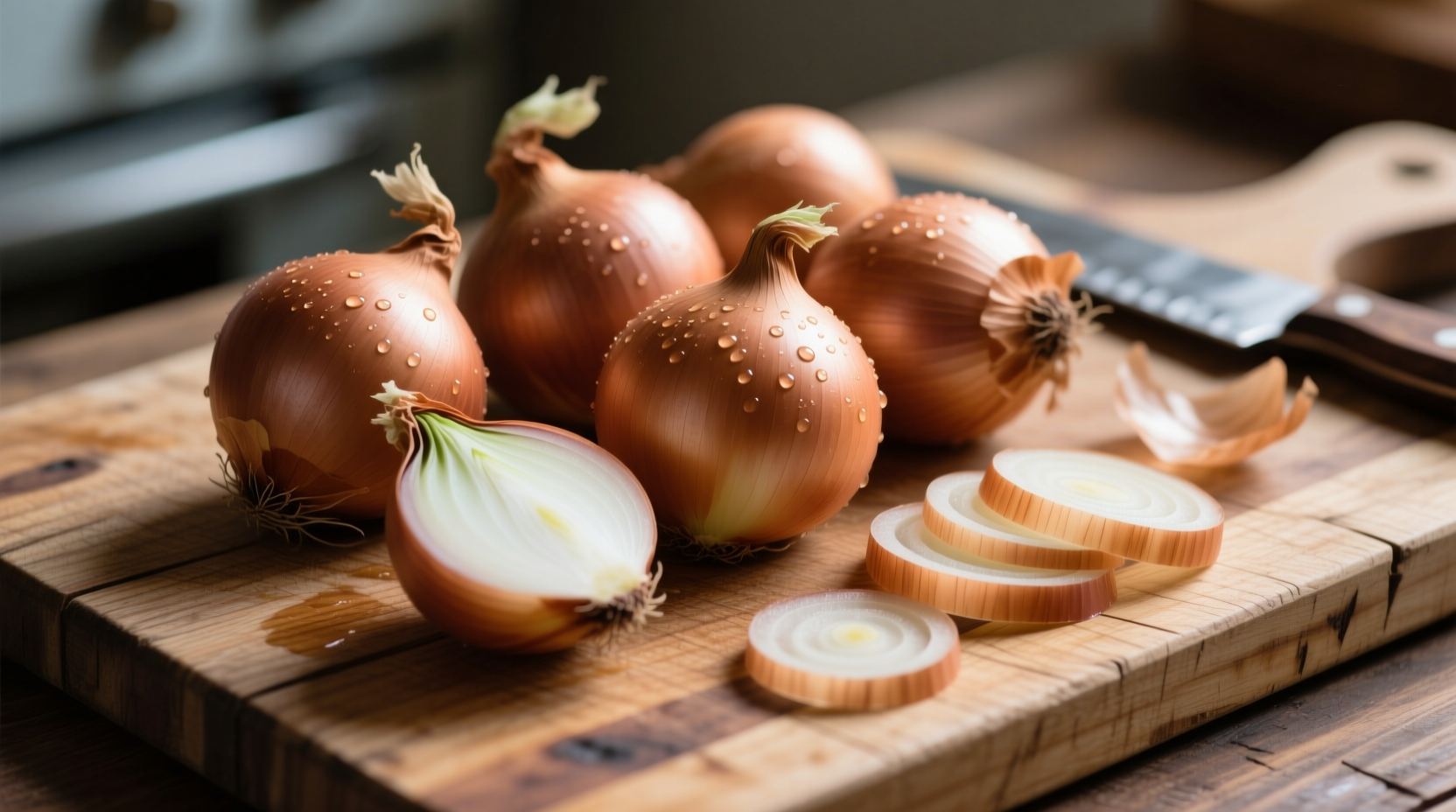 Fresh brown onions on wooden cutting board