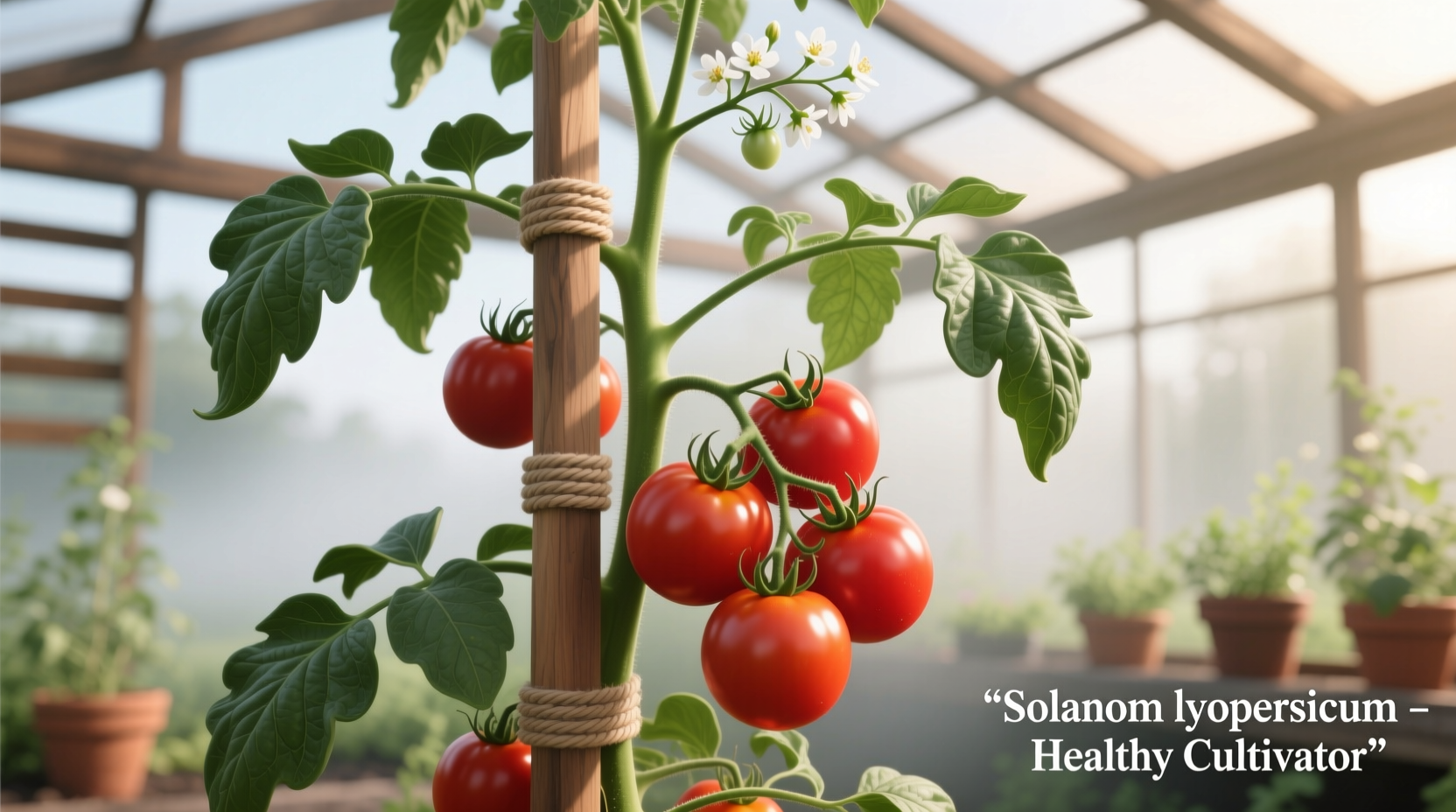 Properly staked tomato plant with healthy fruit