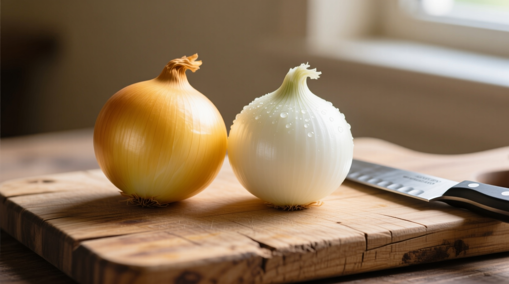 Yellow and white onions side by side on cutting board