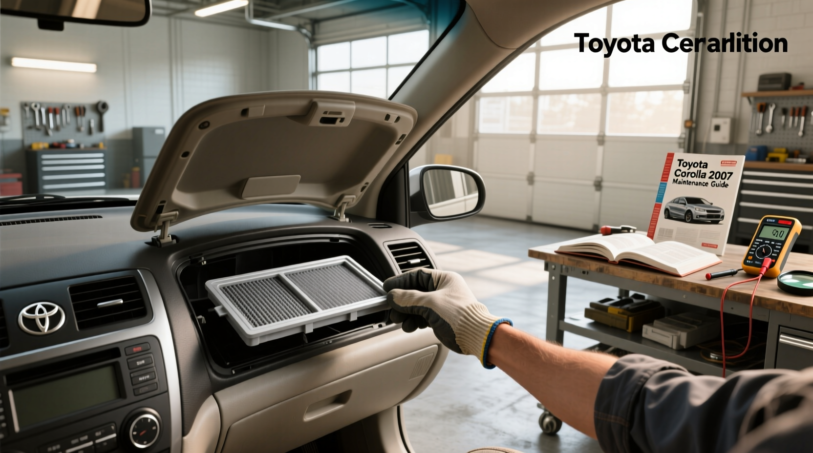 New cabin air filter being inserted into 2008 Toyota Corolla housing with airflow arrow visible
