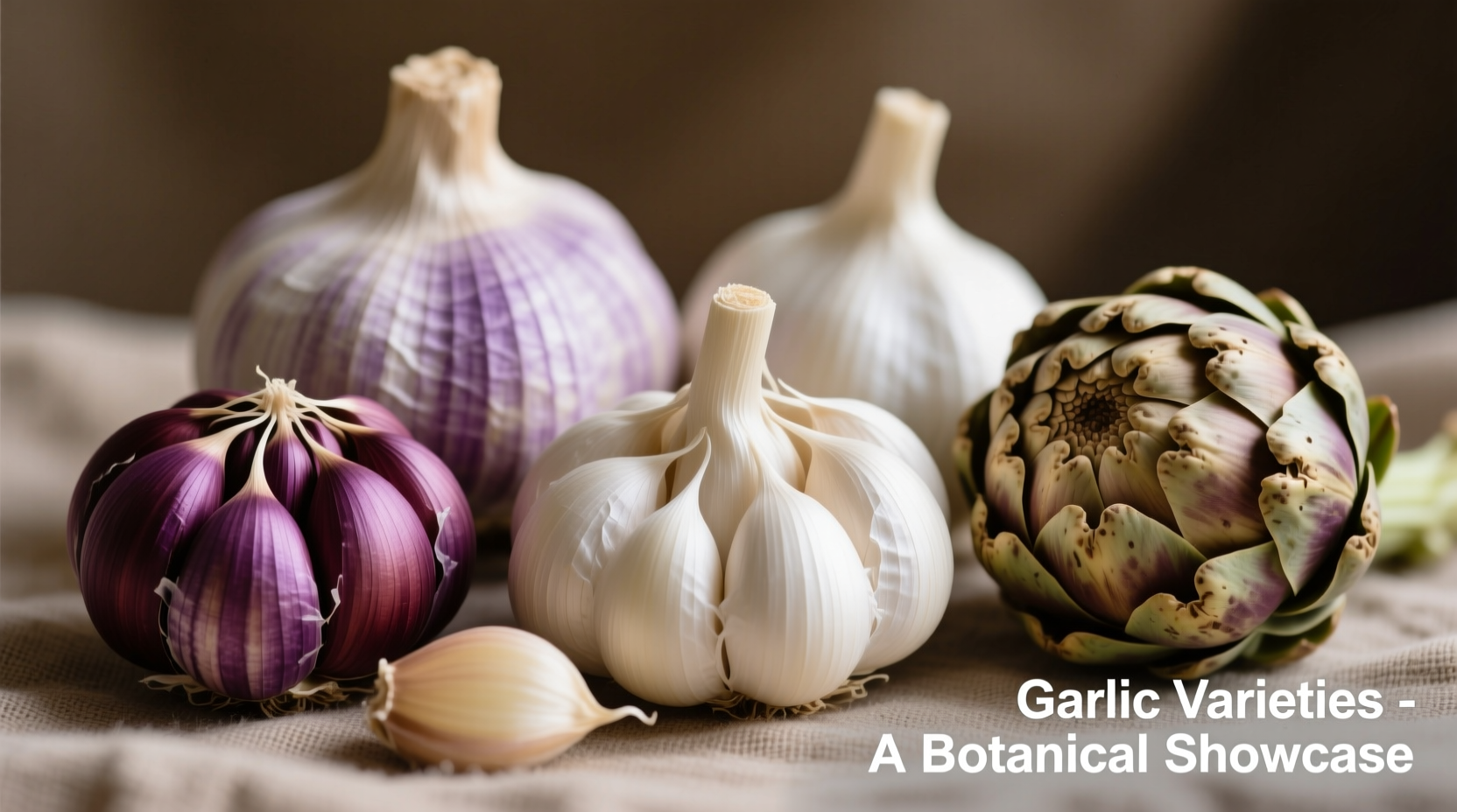 Close-up of various garlic varieties showing visual differences