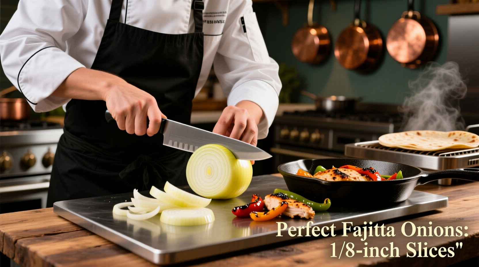 Chef demonstrating proper onion slicing technique for fajitas