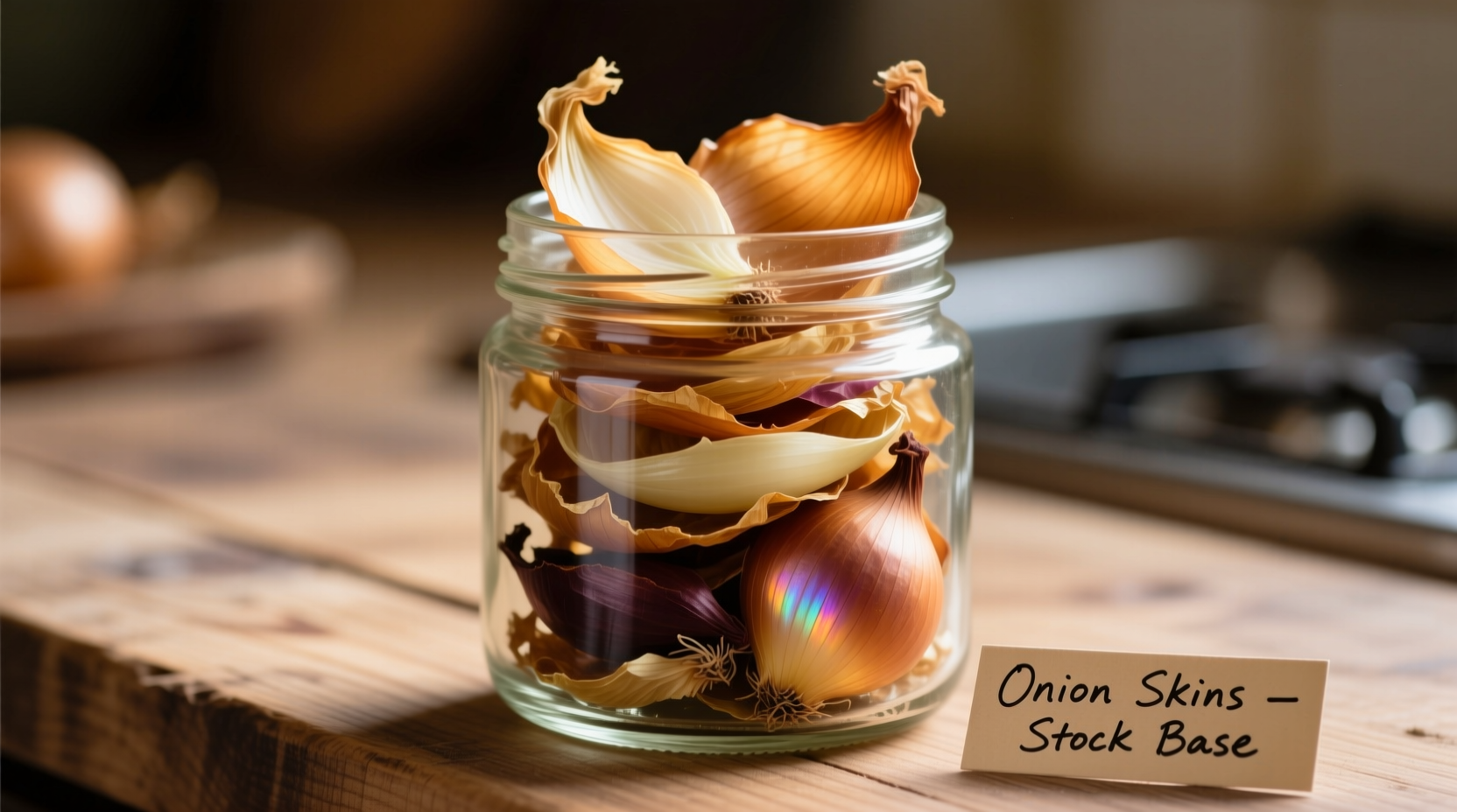 Onion skins in mason jar for stock making