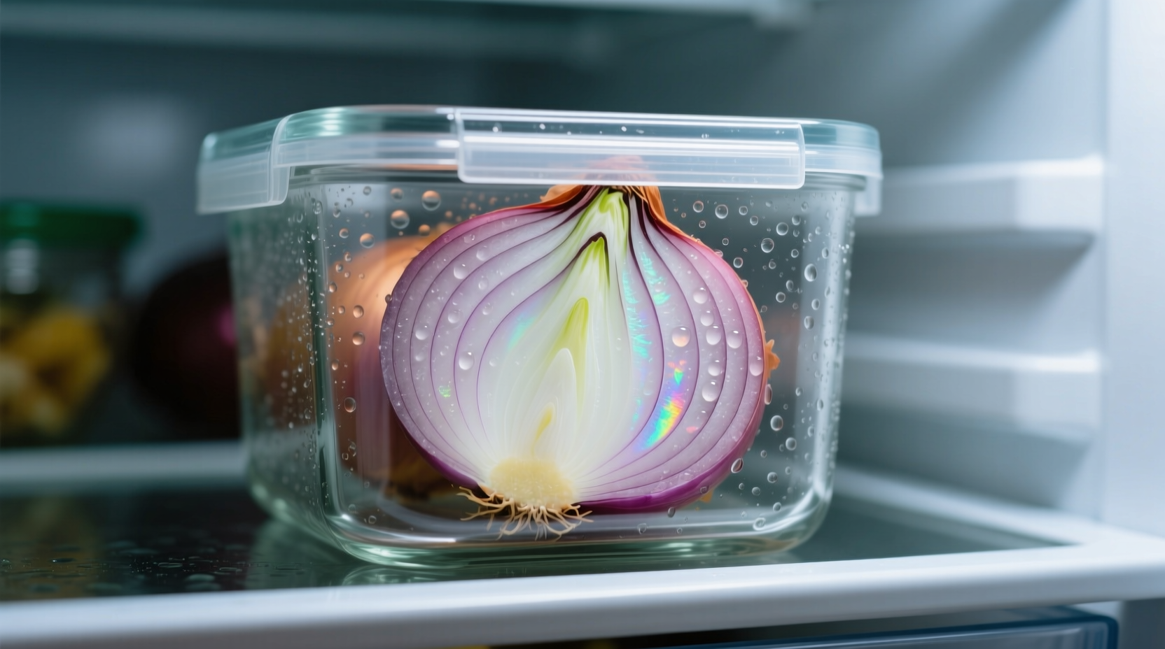 Half onion stored in airtight container in refrigerator