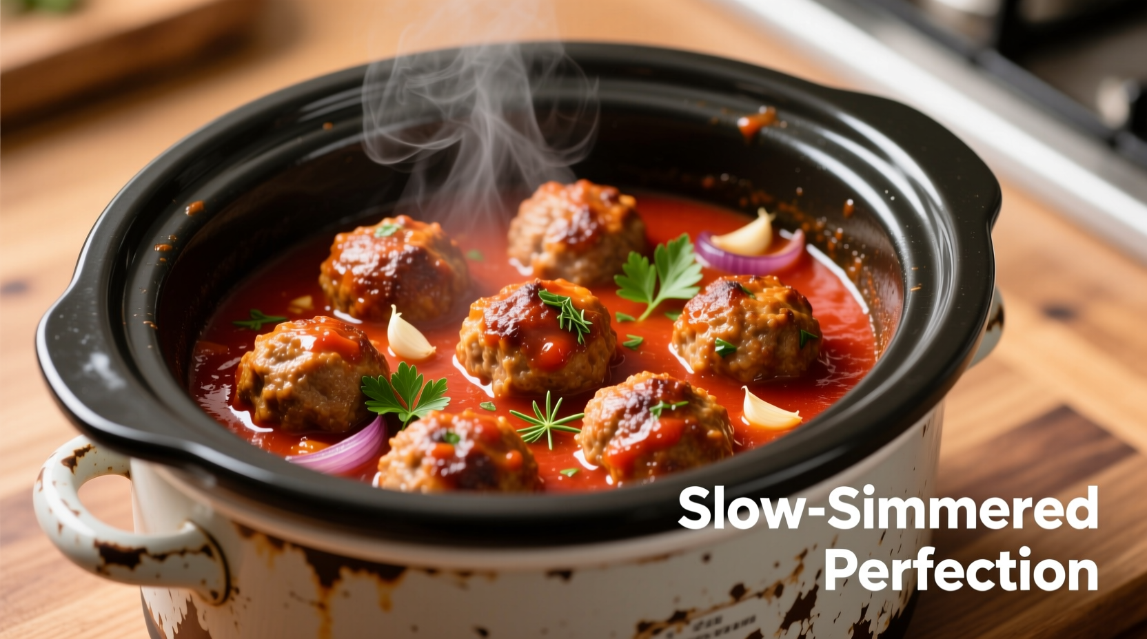 Perfectly cooked meatballs in slow cooker with tomato sauce