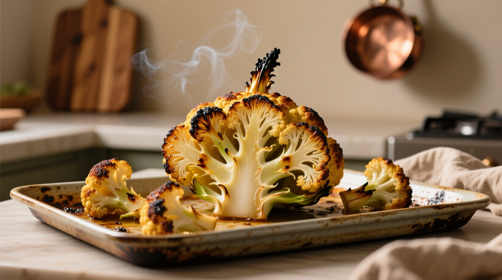 Golden roasted cauliflower with crispy edges on baking sheet