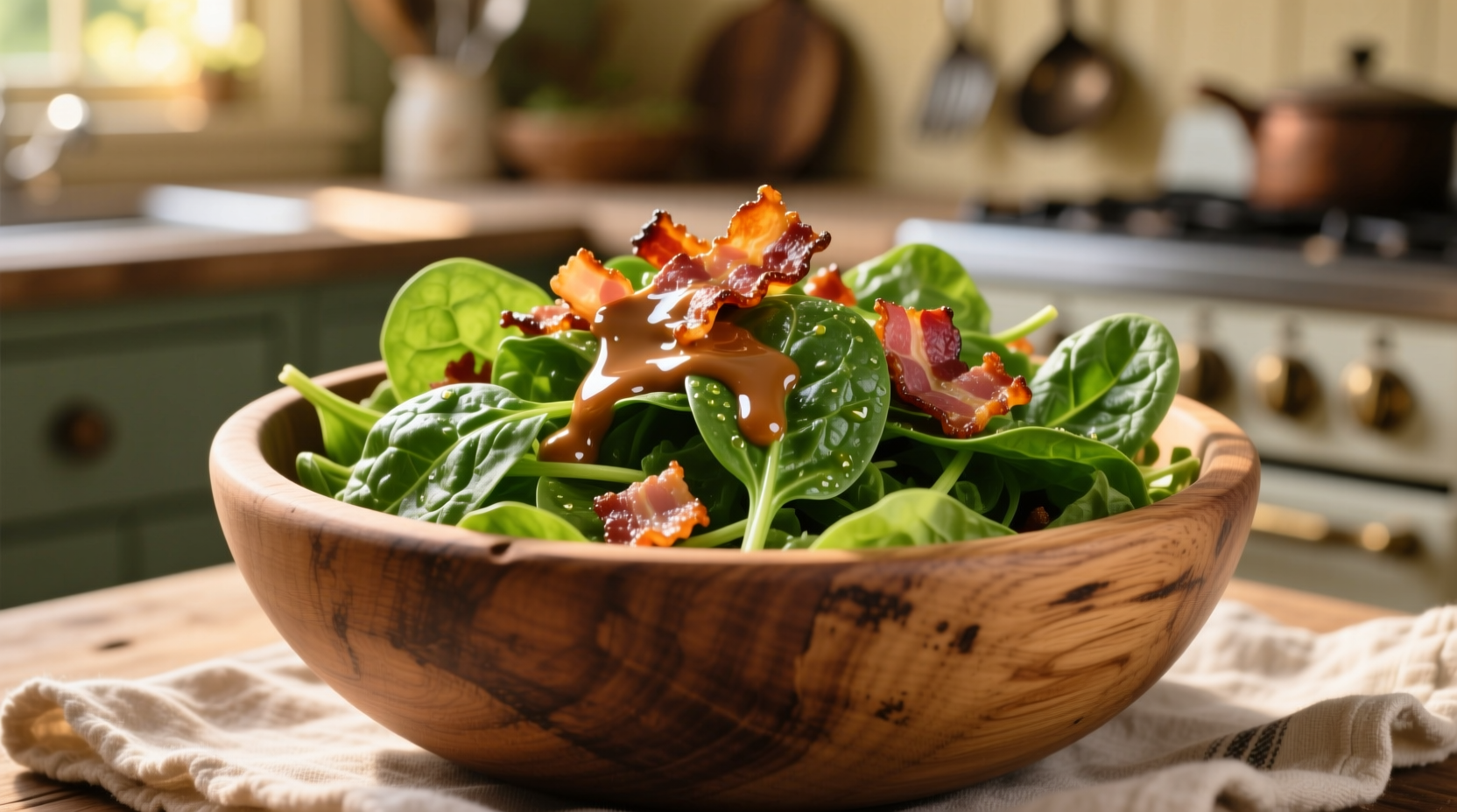 Spinach salad with warm bacon dressing in wooden bowl
