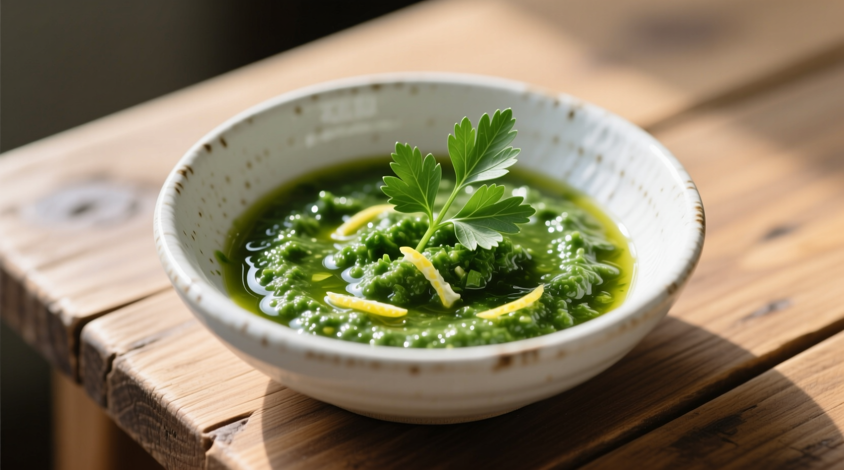 Fresh green parsley sauce in white ceramic bowl