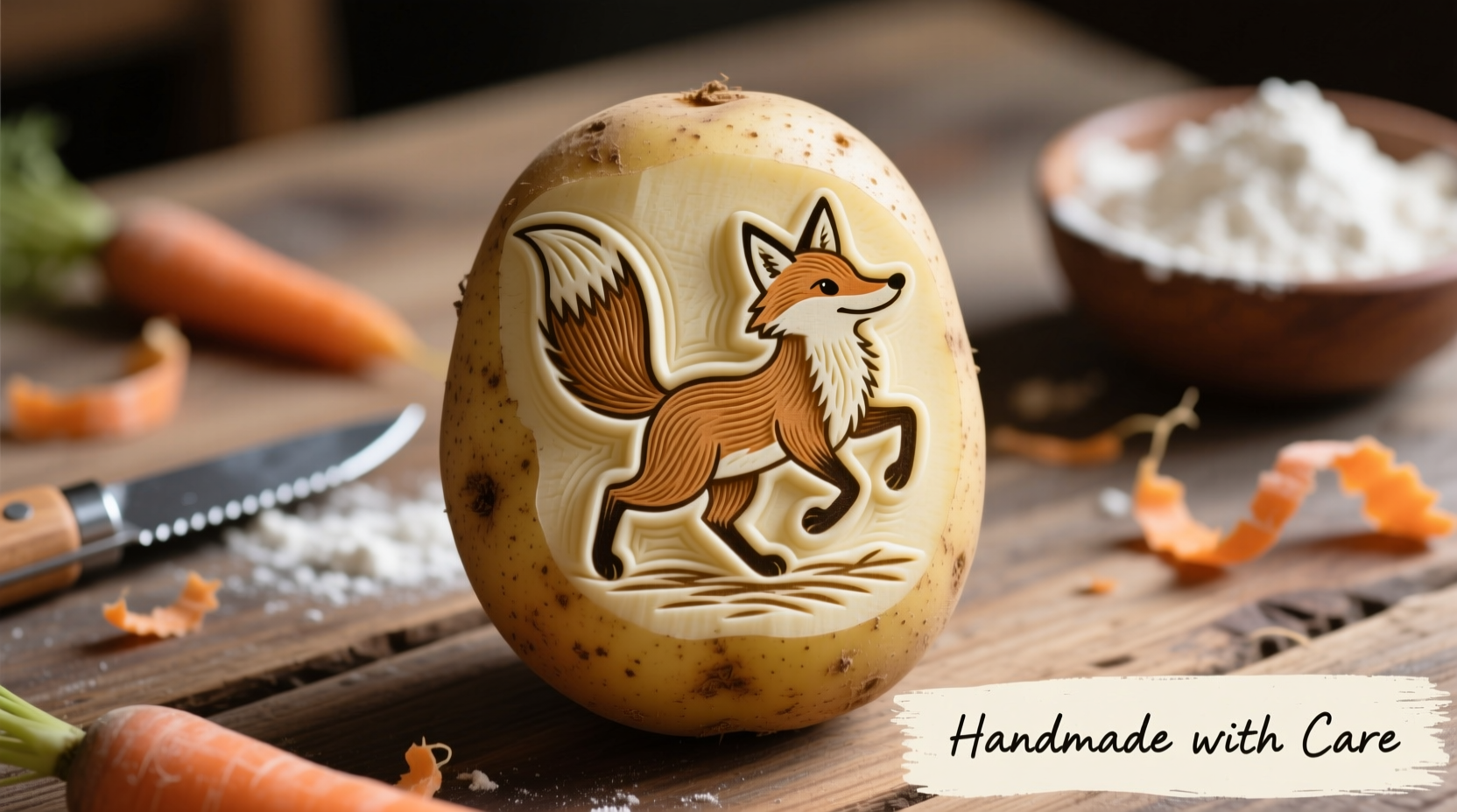 Hand carving potato stamp design with safety knife