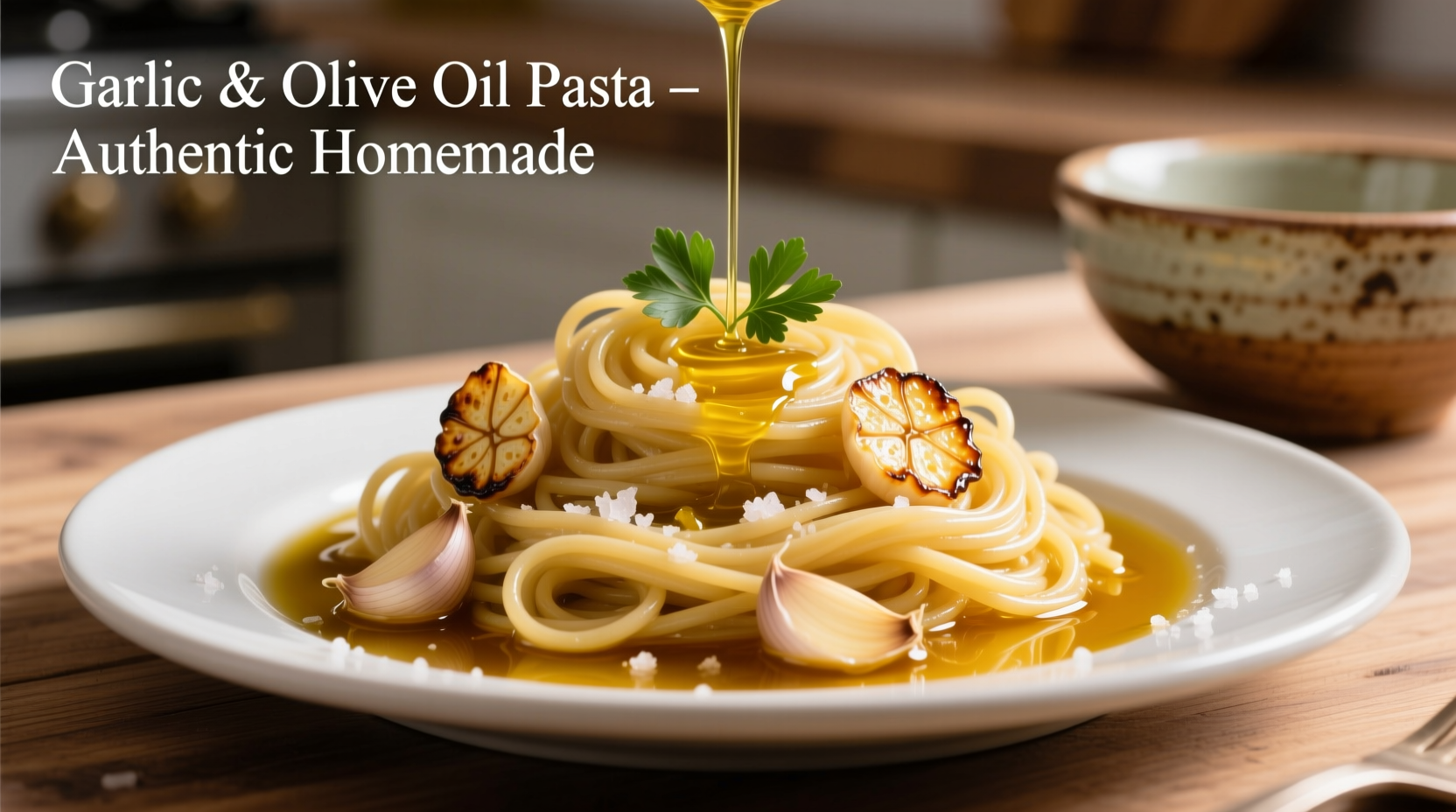 Golden garlic infused in olive oil with fresh noodles