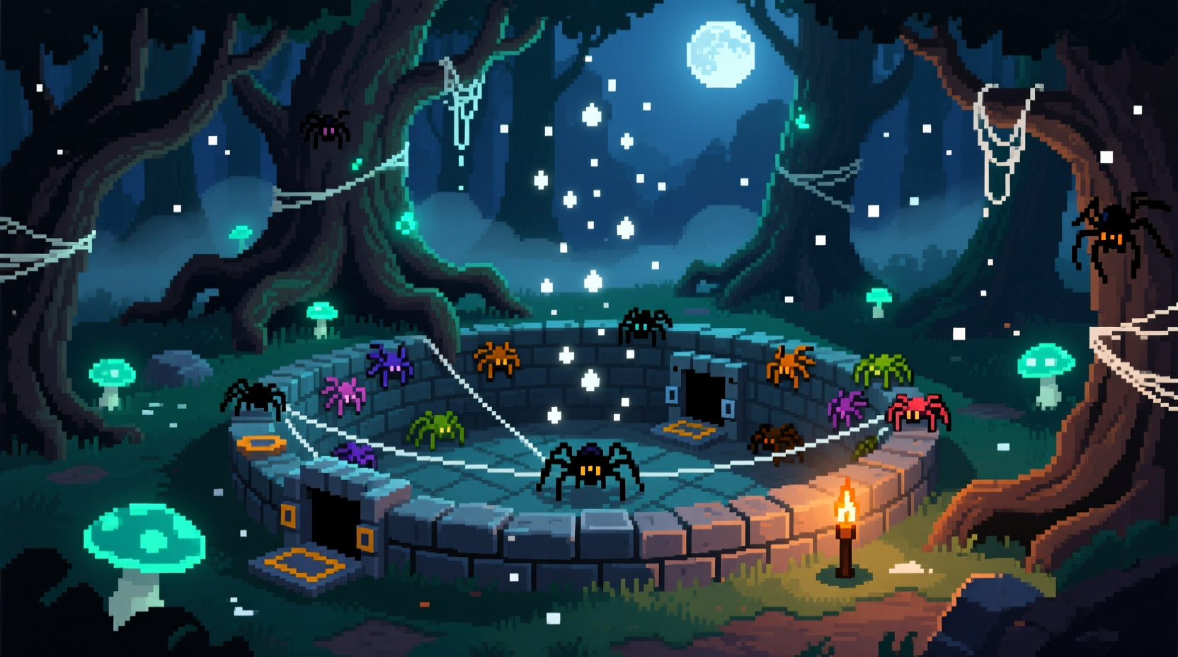 Terraria spider farming pit with silk drops in nighttime forest