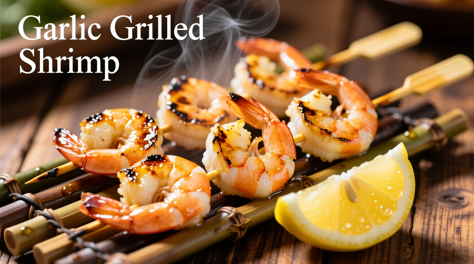 Fresh grilled garlic shrimp on skewers with lemon wedges