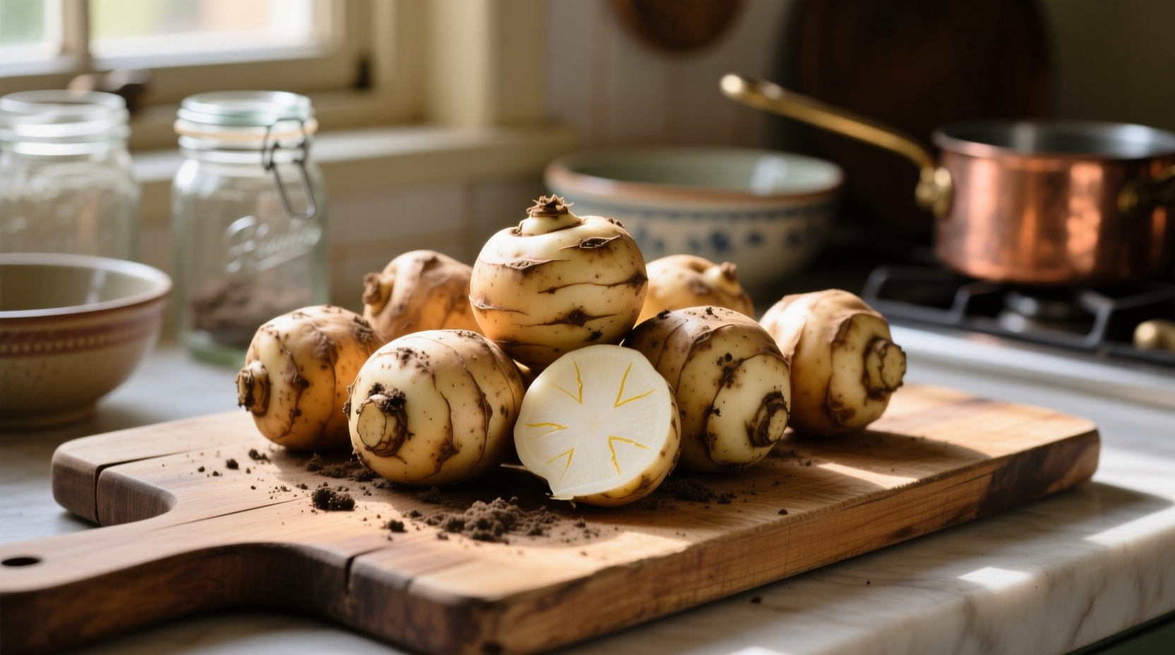 Fresh Jerusalem artichokes on wooden cutting board