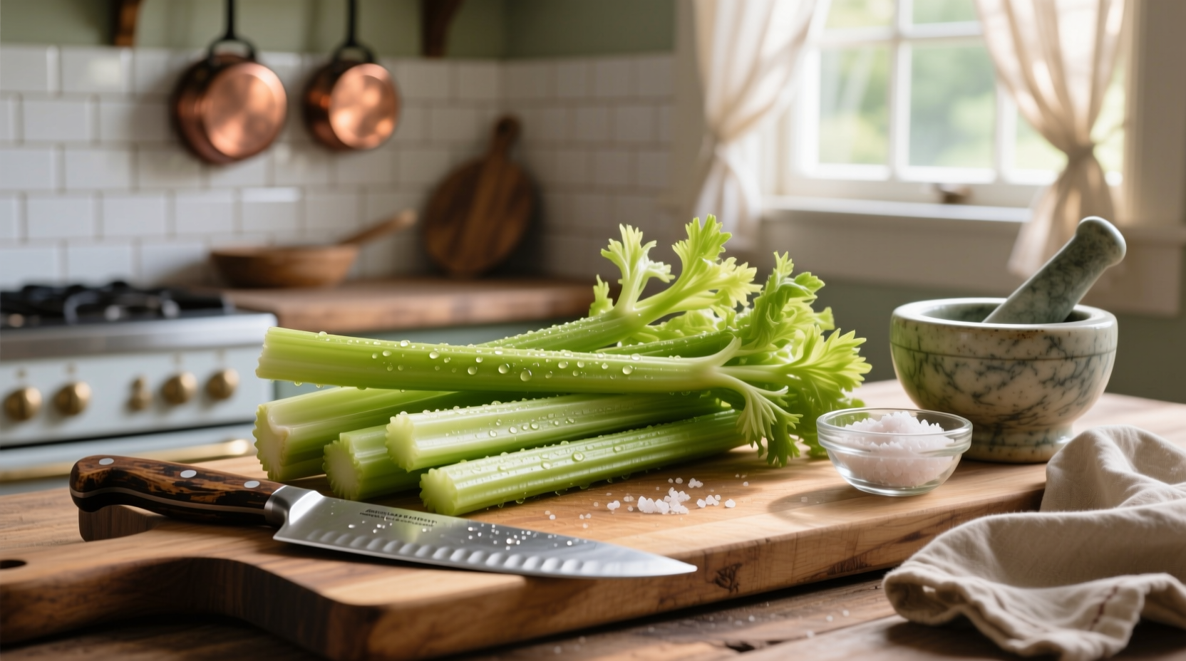Fresh celery sticks arranged on cutting board with preparation tools