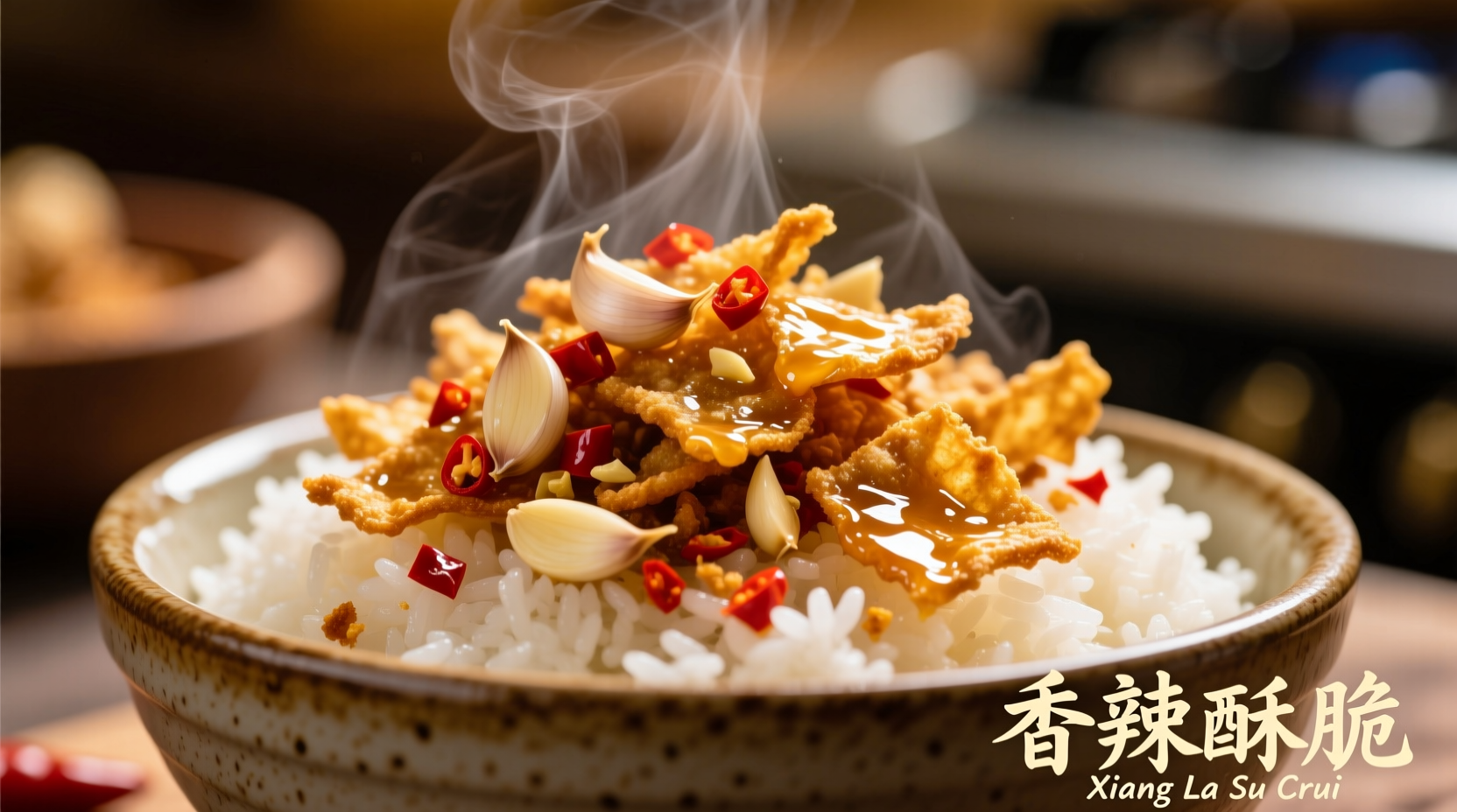 Close-up of garlic chili crunch drizzled over steamed rice