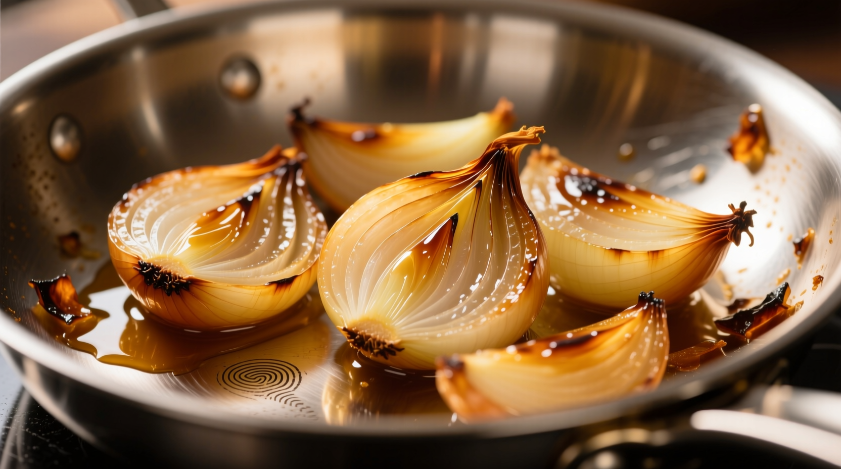 Golden caramelized onions in stainless steel pan