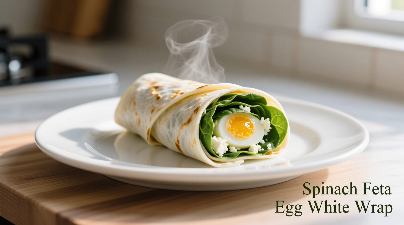 Spinach Feta Egg White Wrap auf weißem Teller mit Zutaten daneben