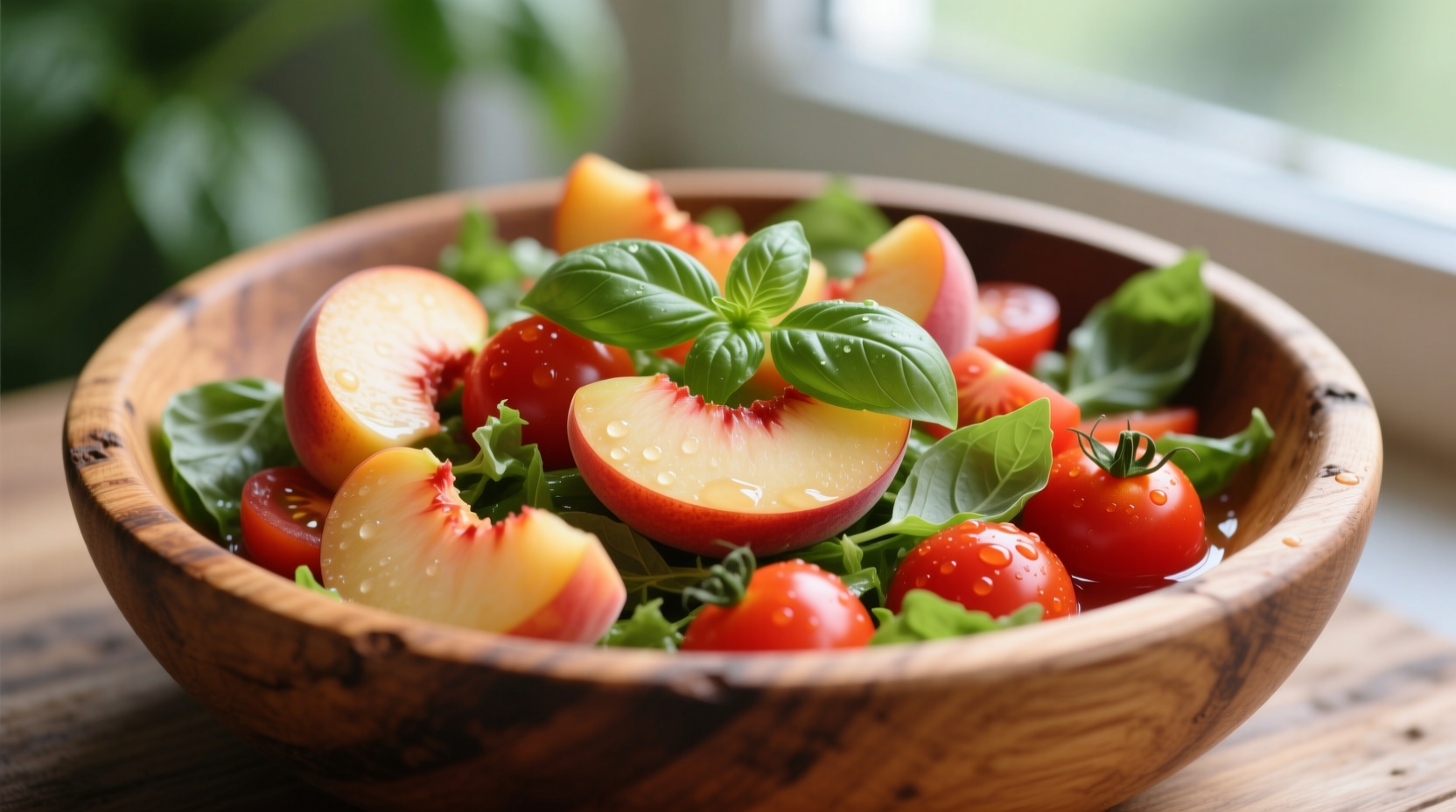 Fresh peach and tomato salad with basil garnish in wooden bowl