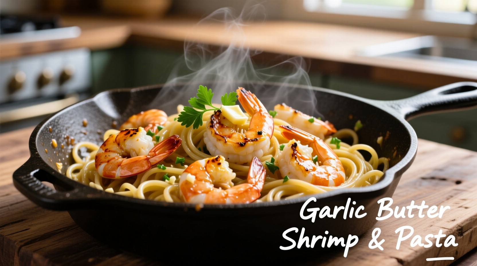 Perfectly seared garlic shrimp in skillet with pasta
