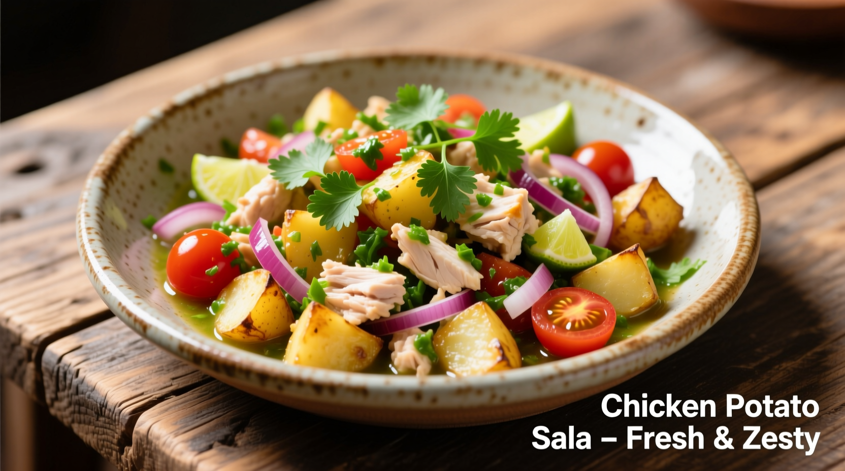 Chicken potato salsa in ceramic dish with fresh cilantro